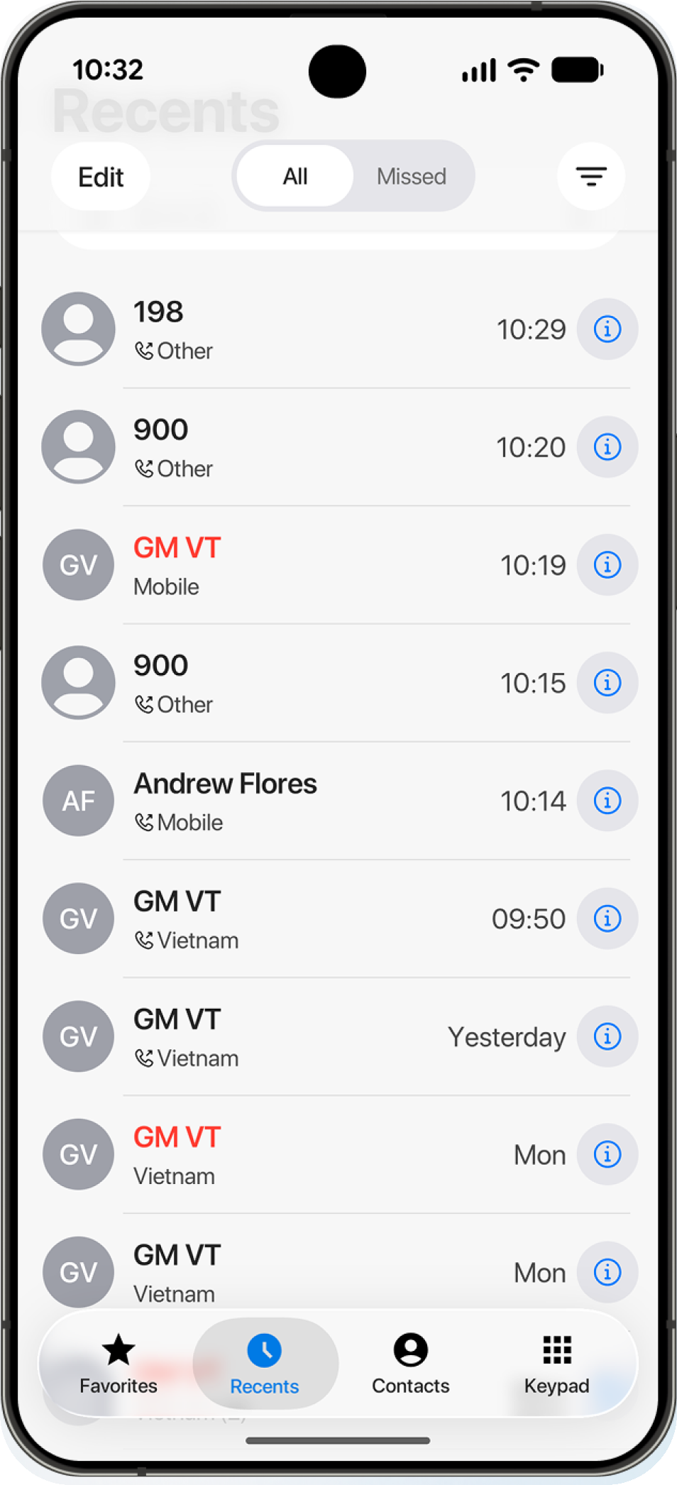 Phone app recent calls screen