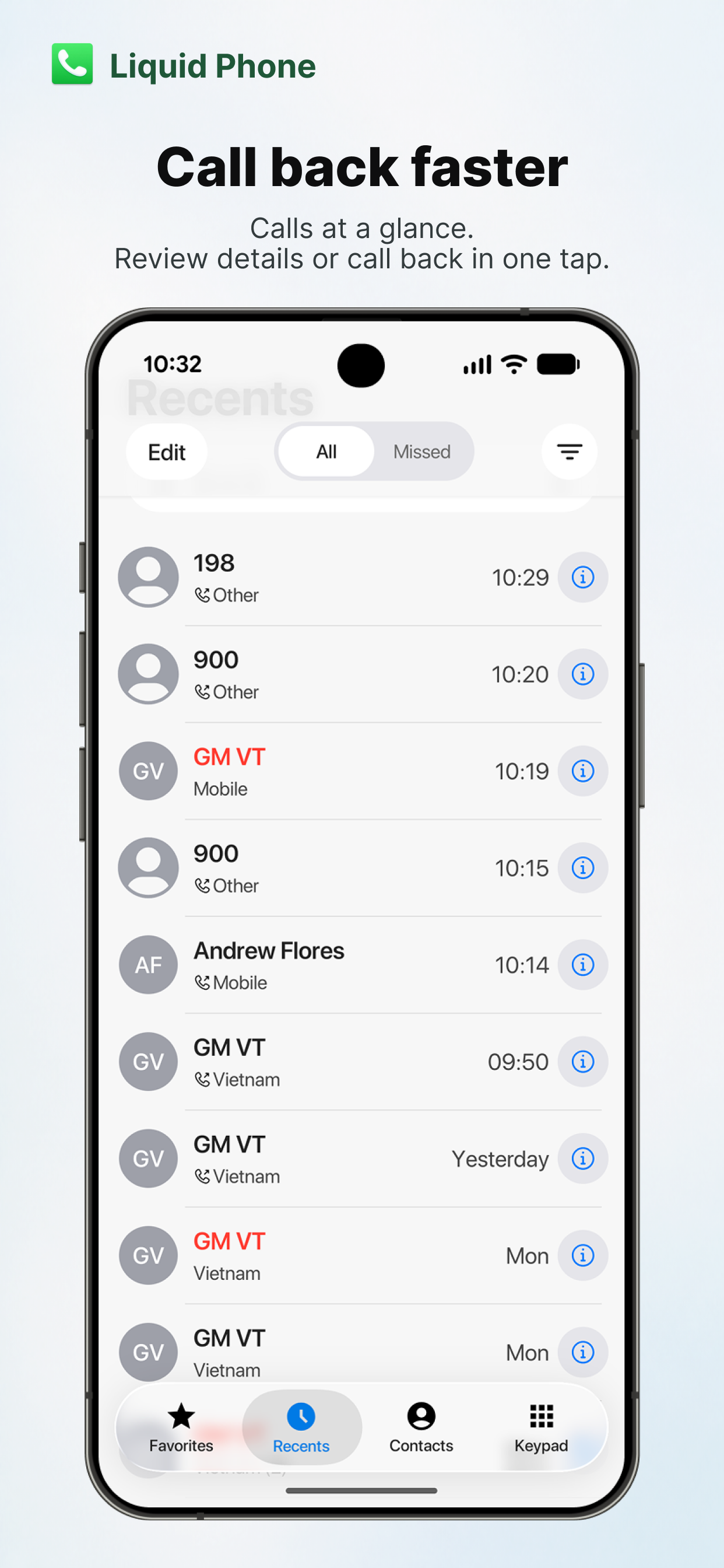 Phone app recent calls screen